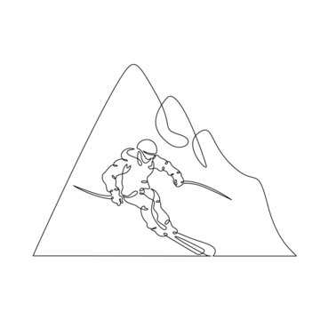 recommend clip art: One continuous Alpine skier on the background of the mountain. Alpine skiing logo. Skier athlete goes down the slope. Mountain silhouette. One continuous drawing line logo