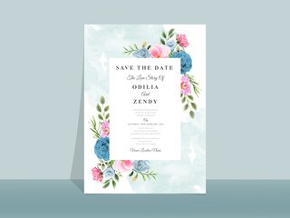 Beautiful blue and pink flowers wedding invitation card