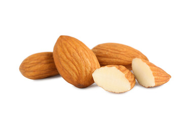Organic almond nuts on white background. Healthy snack