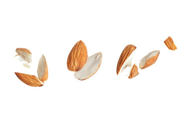 Pieces of tasty almonds on white background