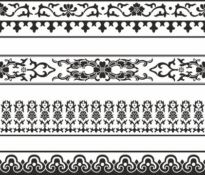 Vector set of seamless Chinese monochrome border ornaments. East asia peoples framework
