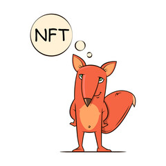 colorful simple vector flat art illustration of funny cartoon red fox thinking about NFT