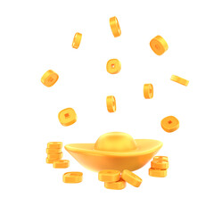 3d rendering of gold ingots and gold qing ming coins in chinese new year