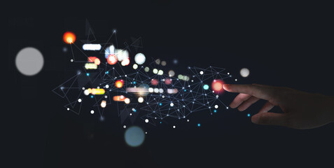 Digital Transformation, Internet network connection, innovative technology, big data concept. Hand touching on internet networking on virtual futuristic touchscreen