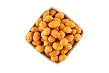 Top View of Coated Peanuts in Bowl Isolated on White Background with Clipping Path