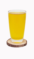 Glass of juice chrysanthemum flowers ice tea put on small cutting board. Plant that originated in China. Drink to cure thirst add freshness to body lower blood pressure. Isolated on white background.