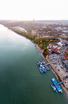 Aerial shot of Galati cityscape, Romania, at Danube River