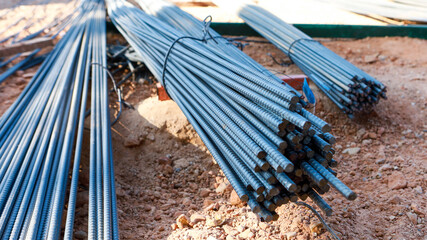 Reinforcement Steel Rod and Deformed bar with rebar at construction site.