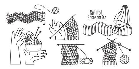 Knitted accessories, knitting patterns, knitted fabric, scarf, hat. Vector icons, logos, icons, design elements.