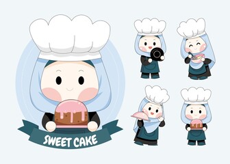 cute muslim girl chef logo