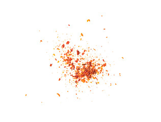 Dried chili flakes and seeds isolated on white background, top view