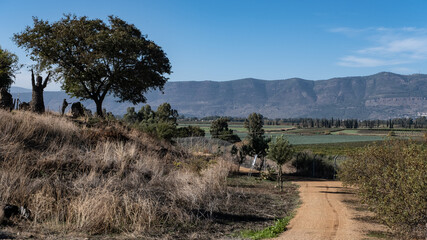 Fototapeta premium View of Hula Valley and Naftali Mountain Range in the west as seen from Kibbutz Kfar Szold, located at the foot of the Golan Heights in the east, Upper Galilee, Northern Israel, Israel.