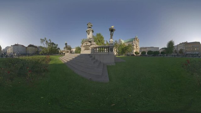 Monument of Adam Mickiewicz Square, Carmelite Church, Zajazd Dziekanka Warsaw, Poland 2021. High quality 4k footage