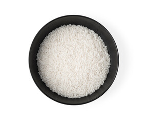 Raw dry rice in bowl isolated on white background, top view.