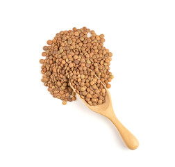 Raw scattered lentils on white background. Top view