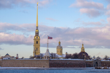 Peter and Paul Cathedral in the Peter and Paul Fortress on December morning. Saint-Petersburg, Russia