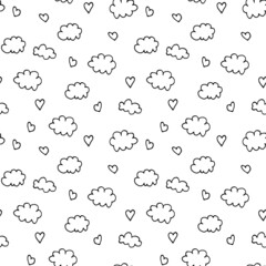 cloud and heart seamless pattern hand drawn doodle. vector, scandinavian, minimalism. wallpaper, textile, wrapping paper, background. love, romance, valentine day.