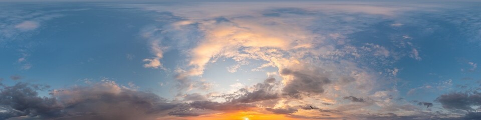 Dark blue sunset sky panorama with Cirrus clouds. Seamless hdr pano in spherical equirectangular format. Complete zenith for 3D visualization, game and sky replacement for aerial drone 360 panoramas.