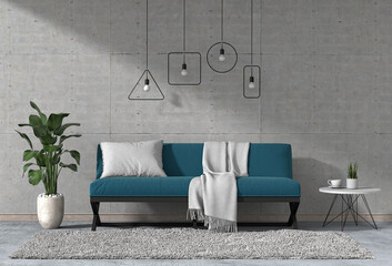 interior living room wall concrete with sofa, plant, lamp, decoration, 3D render