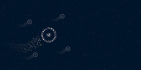 A astrological sun symbol filled with dots flies through the stars leaving a trail behind. There are four small symbols around. Vector illustration on dark blue background with stars