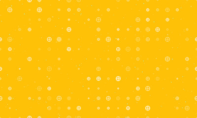 Seamless background pattern of evenly spaced white astrological earth symbols of different sizes and opacity. Vector illustration on amber background with stars