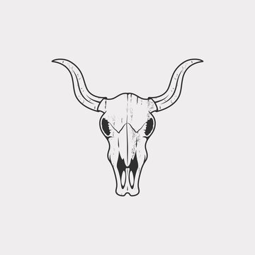 Colored illustration of a bull skull with a grunge texture on the background. Design element, emblem, print, sticker and label. Vector illustration. Symbolism.