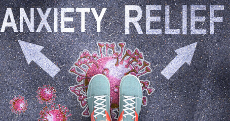 Covid anxiety or relief - what will be the outcome of the current virus pandemic? Where it will all go? Two possible ways along with a red virus painted on the road, 3d illustration