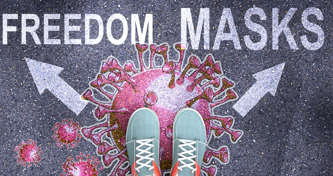Covid freedom or masks - what will be the outcome of the current virus pandemic? Where it will all go? Two possible ways along with a red virus painted on the road, 3d illustration