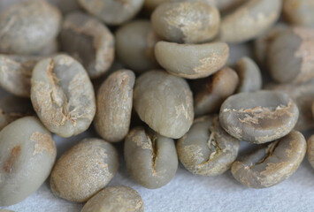 Close up view of roasted arabica coffee beans on a blurred coffee background