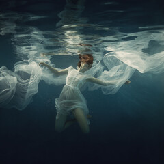Obraz na płótnie Canvas A girl in a white dress posing underwater on a dark background as if she were in zero gravity