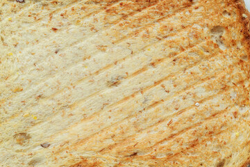 Close up roasted bread background texture. Macro photo top view.