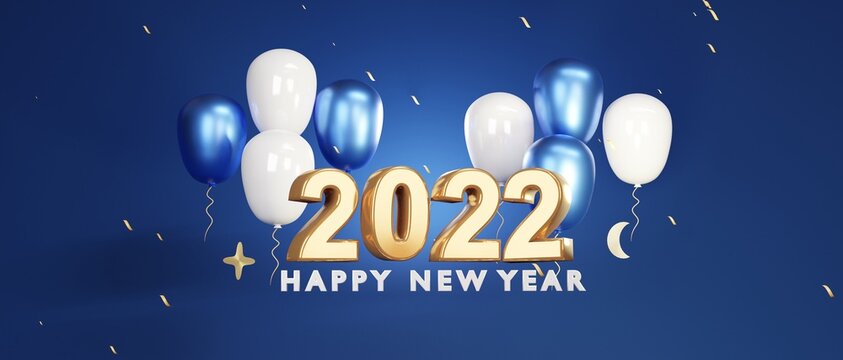 Happy New Year 2022. Realistic gold and white balloons. Background design metallic numbers date 2022 and helium ballon on ribbon , 3d rendering