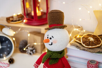 Handmade Christmas snowman crocheted and Christmas decor.