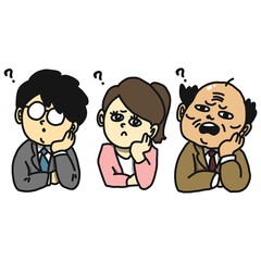 顔に手を添えて悩んでいる人のポーズをする人のイラスト