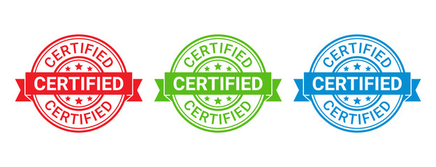 Certified round stamp. Vector. Quality mark approval with ribbon. Checked retro badge. Warranty label, icon. Endorsed sticker. Vintage seal imprints. Emblems isolated on white background. Illustration