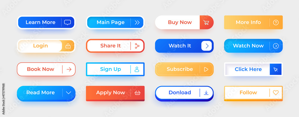 Poster Web UI button. Call action interface elements. Watch now and follow rectangular icons with text. Click here and subscribe. Login and share modern menu signs. Vector user symbols set