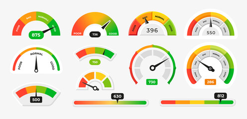 Score meter. Speedometer gauge indicator. Energy efficiency and consumer satisfaction rate measure UI. Indication lines. Dial with arrows and scale. Vector effectiveness graphs set - obrazy, fototapety, plakaty