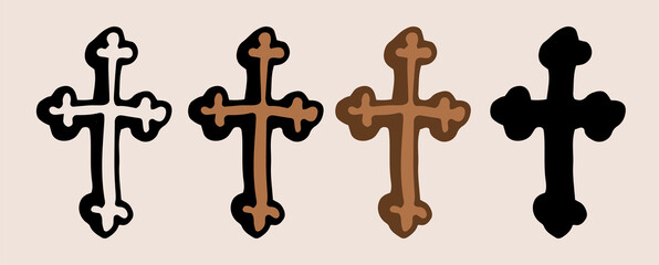 brown cross icon. a doodle-style set of variants of the crucifixion cross, black outline and silhouette isolated on light for an Orthodox design template