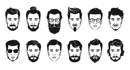 Men with beard silhouette. Mens face with different types of beard, haircut and moustaches. Male portraits collection. Hair cut guy avatar and barbershop logo. Vector hairstyles set