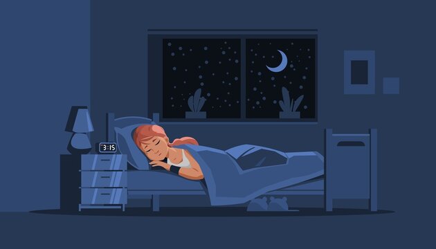 Girl sleeping in bed. Night scene with young woman resting in her bedroom. Dream and relax on mattress with pillow and blanket. Person lying on bunk. Dark room. Vector illustration