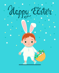 Happy Easter. Cute postcard with a boy in a rabbit costume.
