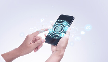 Businessman touching a fingerprint indentification on a touch screen to access personal financial data . Data protection Cyber Security Privacy Business Internet Technology Concept.