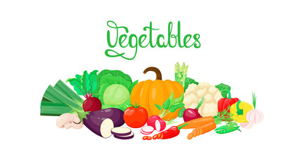 A set of vegetables with an inscription on a white background. Cartoon design.
