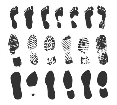 Footprint icon. Human barefoot or shoes footsteps. Foot track silhouettes. Boot and sneaker sole prints. Footwear trail shapes. Leg traces collection. Feet imprint. Vector symbol set