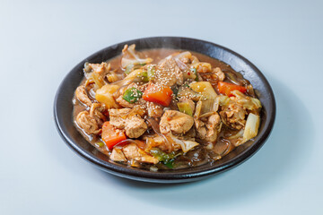 Andongjjimdak, Andong-style spicy stewed chicken : Originally from the Andong region, this dish consists of chicken, chili peppers, potatoes, clear noodles, leeks and carrots braised in a spicy sauce 