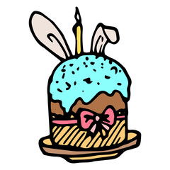 easter cake icon with rabbit ears. a doodle-style cake with turquoise glaze, bunny ears and a pink bow on white for the Easter holiday template