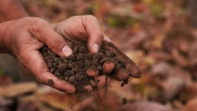 Soil, Agriculture, Slow motion, Farmer hands holding and pouring back organic soil, On a blurred background,1920X1080 Slow Motion.