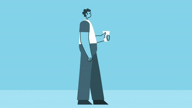 Cartoon man goes and drinks water from a cup. Flat Design 2d Character Isolated Loop Animation with Alpha channel