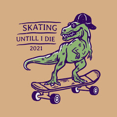 illustration of t-rex skateboarding wearing hat and sunglasses in vintage style © reza