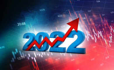 Business graph arrow up and 2022 Text, represents growth and success in the new year 2022. Business Success Concept. 3D illustration